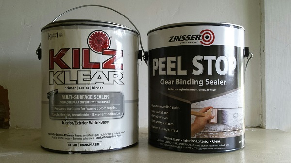 Cans of Zinsser Peel Stop and Kilz Klear