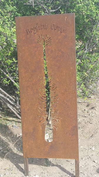Rusty metal sign, "Boojum Cove," Boyce Thompson Arboreum.